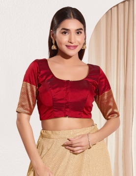 Maroon Taffeta Silk Blouse with Golden Zari Border Sleeves