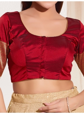 Maroon Taffeta Silk Blouse with Golden Zari Border Sleeves