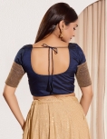 Navy Blue Taffeta Silk Blouse with Golden Zari Border Sleeves