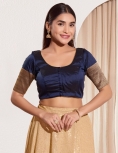 Navy Blue Taffeta Silk Blouse with Golden Zari Border Sleeves