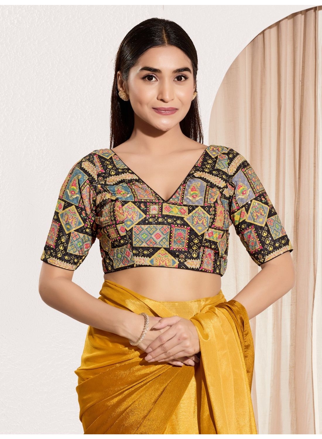 Vibrant Heritage Multi-Color Geometric Print Blouse in Viscose Rayon