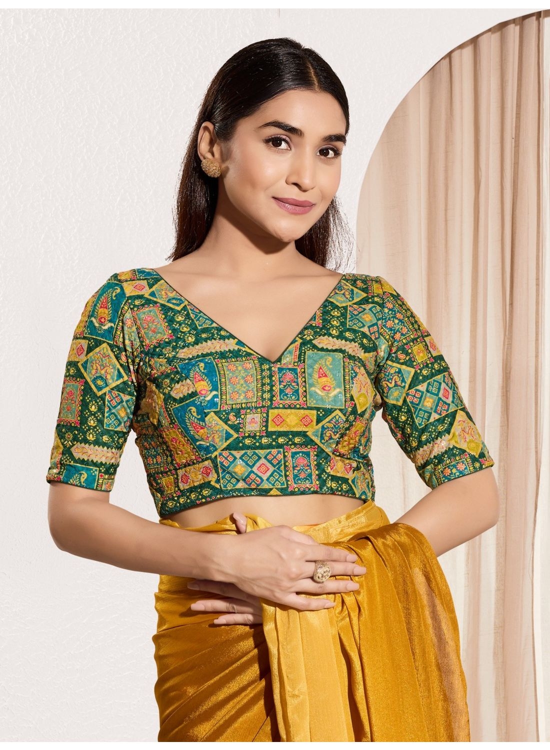 Vibrant Heritage Multi-Color Geometric Print Blouse in Viscose Rayon