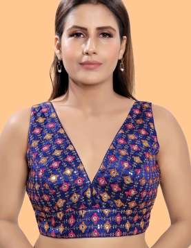 Royal Blue Art Silk Floral Embroidered Blouse