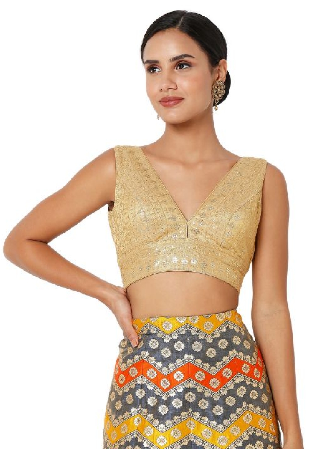 Dark Gold Embroidered Blouse V Neck