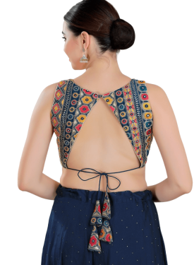 Geometric Pattern Silk Sleeveless Blouse In Navy Blue 