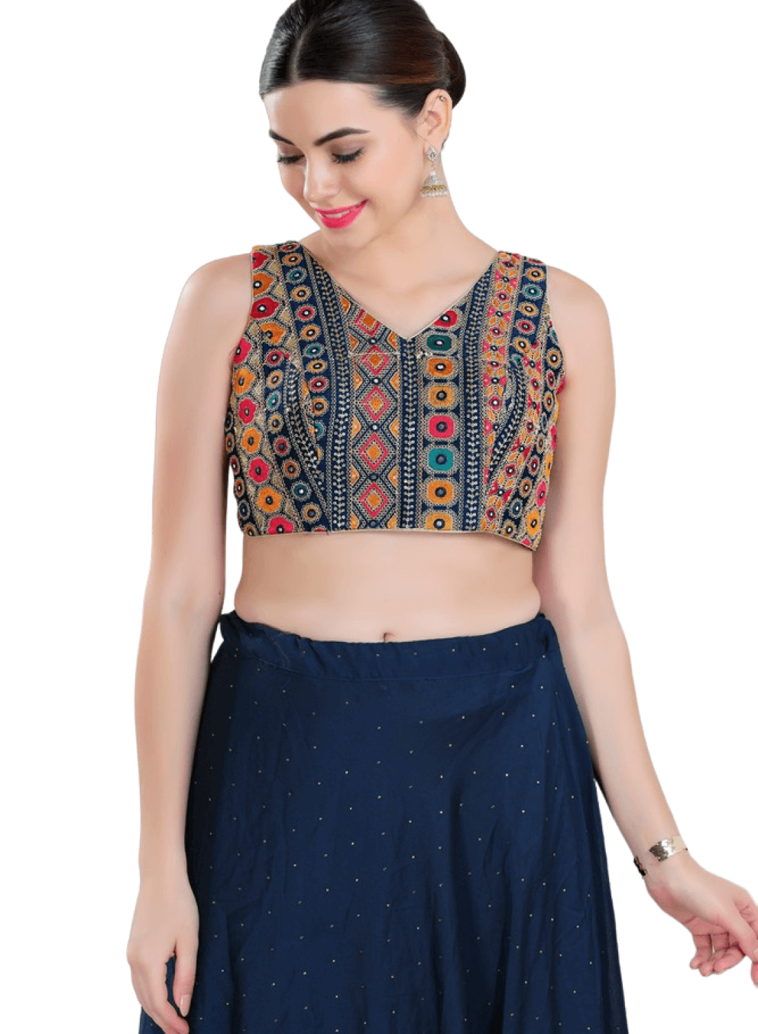 Geometric Pattern Silk Sleeveless Blouse In Navy Blue 