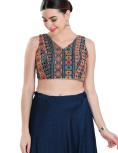 Geometric Pattern Silk Sleeveless Blouse In Navy Blue 