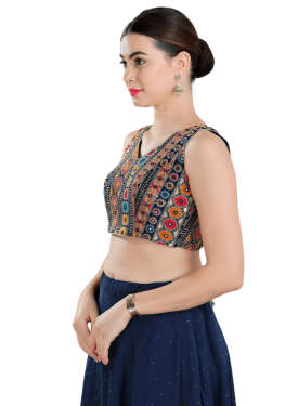 Geometric Pattern Silk Sleeveless Blouse In Navy Blue 