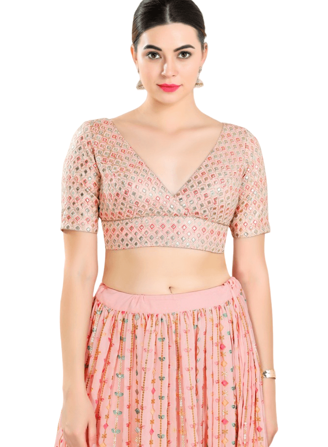 Peach Art Silk Checkered Pattern Blouse