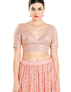 Peach Art Silk Checkered Pattern Blouse