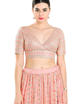 Peach Art Silk Checkered Pattern Blouse