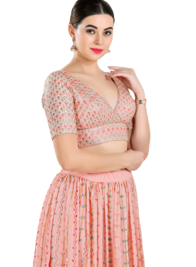 Peach Art Silk Checkered Pattern Blouse