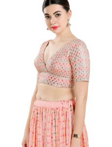 Peach Art Silk Checkered Pattern Blouse