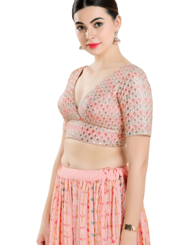 Peach Art Silk Checkered Pattern Blouse