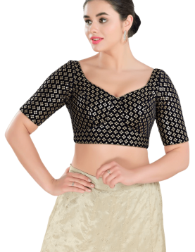 Black Floral Sequin Work Sweetheart Neck Blouse 