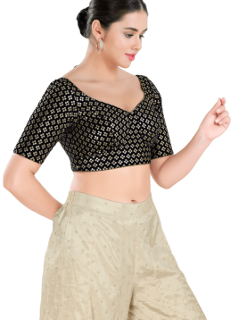 Black Floral Sequin Work Sweetheart Neck Blouse 