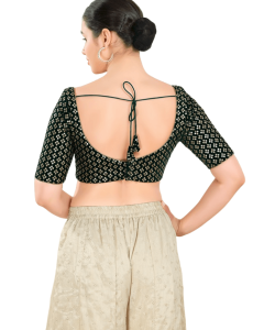 Bottle-Green Floral Sequin Work Sweetheart Neck Blouse 