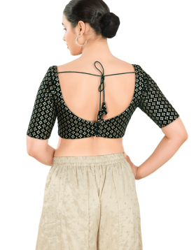 Bottle-Green Floral Sequin Work Sweetheart Neck Blouse 