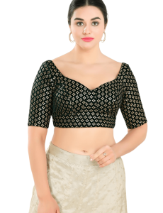 Bottle-Green Floral Sequin Work Sweetheart Neck Blouse 