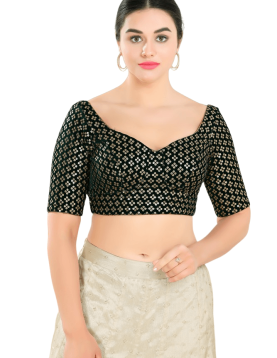 Bottle-Green Floral Sequin Work Sweetheart Neck Blouse 