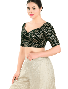 Bottle-Green Floral Sequin Work Sweetheart Neck Blouse 