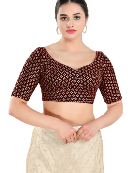 Maroon Floral Sequin Work Sweetheart Neck Blouse 