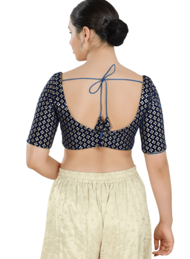Navy Blue Floral Sequin Work Sweetheart Neck Blouse 