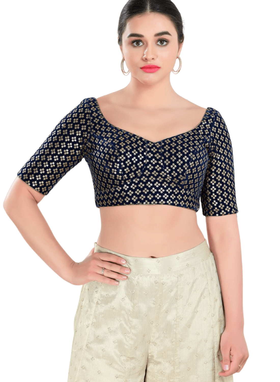Navy Blue Floral Sequin Work Sweetheart Neck Blouse 