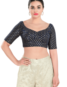 Navy Blue Floral Sequin Work Sweetheart Neck Blouse 