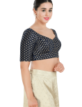 Navy Blue Floral Sequin Work Sweetheart Neck Blouse 