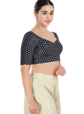 Navy Blue Floral Sequin Work Sweetheart Neck Blouse 