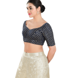 Navy Blue Floral Sequin Work Sweetheart Neck Blouse 