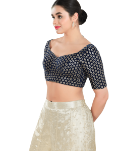 Navy Blue Floral Sequin Work Sweetheart Neck Blouse 