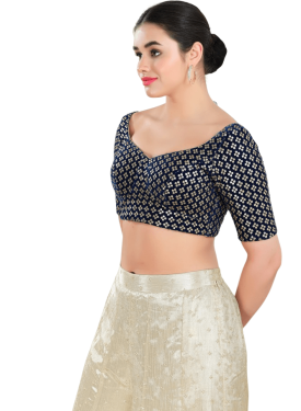 Navy Blue Floral Sequin Work Sweetheart Neck Blouse 
