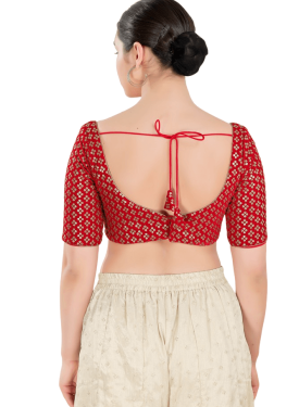 Red Floral Sequin Work Sweetheart Neck Blouse 