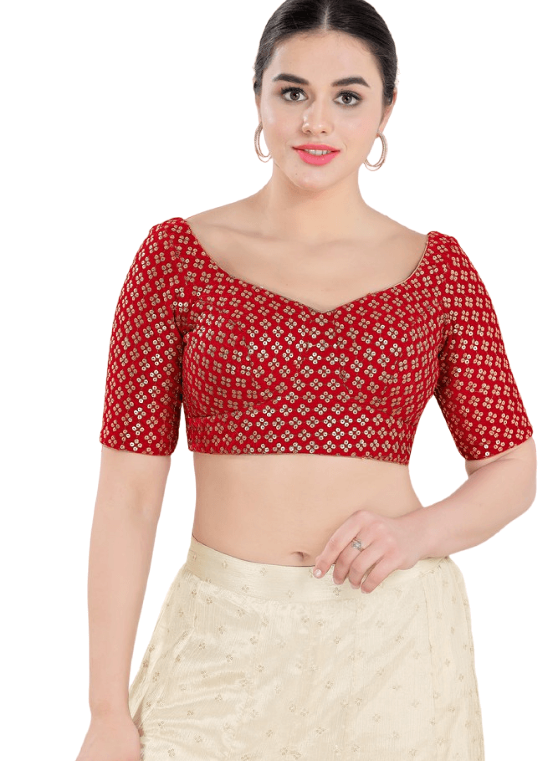 Red Floral Sequin Work Sweetheart Neck Blouse 