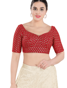 Red Floral Sequin Work Sweetheart Neck Blouse 