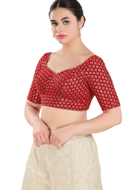 Red Floral Sequin Work Sweetheart Neck Blouse 