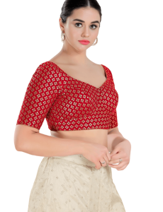 Red Floral Sequin Work Sweetheart Neck Blouse 