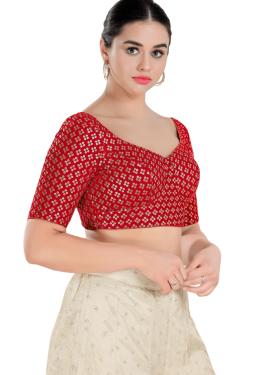 Red Floral Sequin Work Sweetheart Neck Blouse 