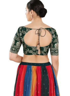 Bottle-Green Jacquard Botanical Pattern Sweetheart Neckline Blouse