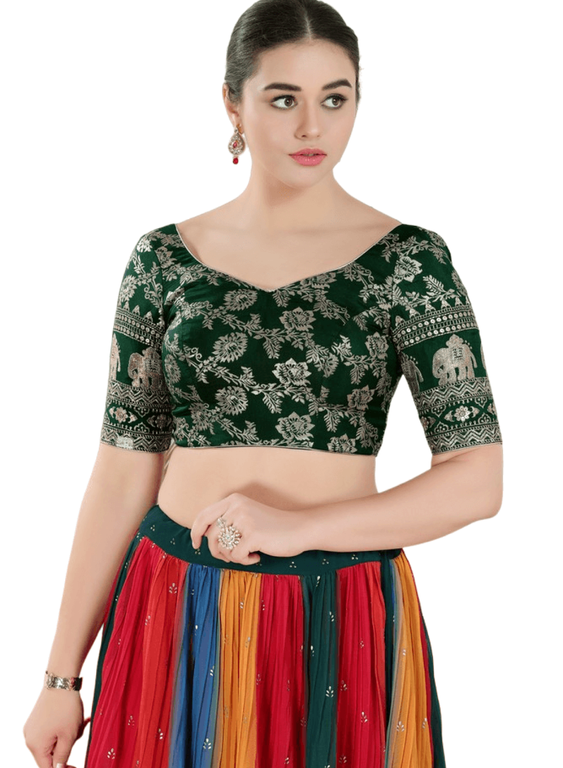 Bottle-Green Jacquard Botanical Pattern Sweetheart Neckline Blouse