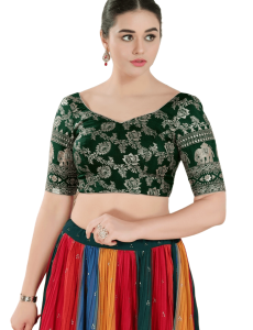 Bottle-Green Jacquard Botanical Pattern Sweetheart Neckline Blouse
