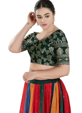Bottle-Green Jacquard Botanical Pattern Sweetheart Neckline Blouse