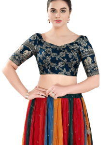 Cobalt-Blue Jacquard Botanical Pattern Sweetheart Neckline Blouse
