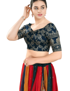 Cobalt-Blue Jacquard Botanical Pattern Sweetheart Neckline Blouse