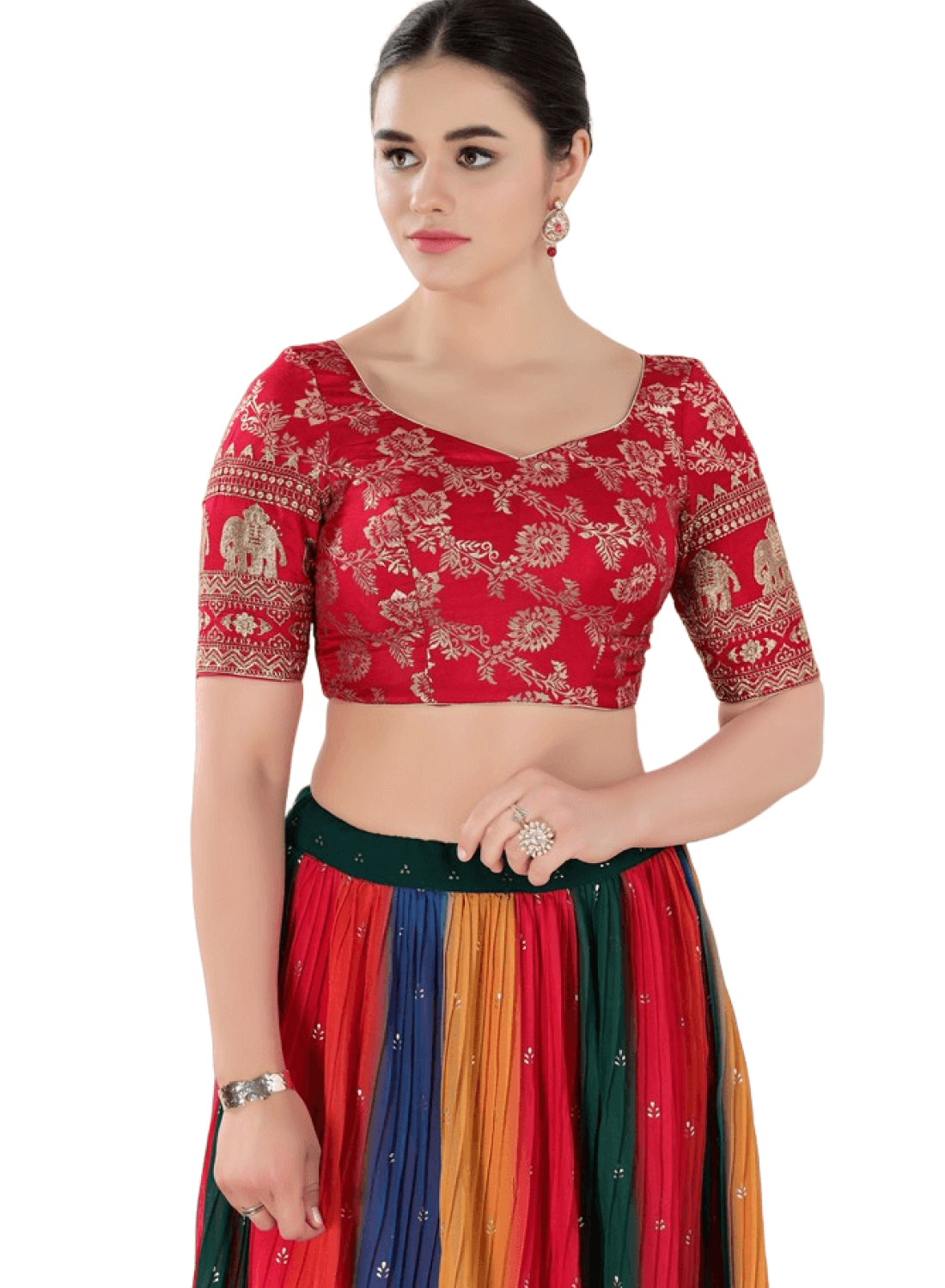 Tomato-Pink Jacquard Botanical Pattern Sweetheart Neck Blouse