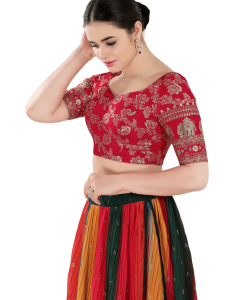 Tomato-Pink Jacquard Botanical Pattern Sweetheart Neck Blouse