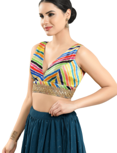 Multi Digital Print V Neck Sequin Embroidery Fancy Blouse 