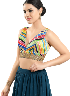 Multi Digital Print V Neck Sequin Embroidery Fancy Blouse 